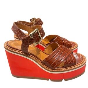 Brown Crocodile Pattern Wedge Sandals